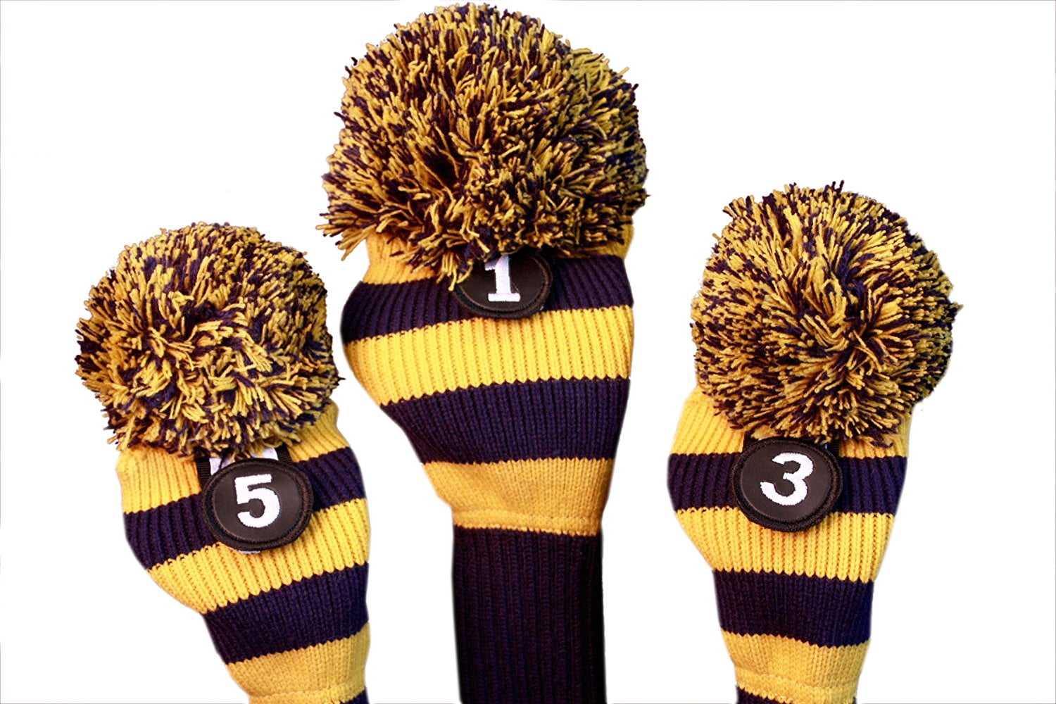 Majek Golf Club Head Covers Traditional Knit Vintage Classic Pom Pom Retro Rugby Driver Fairway Metal Wood Set Oversized Os Headcovers: Blue & Yellow Michigan Colors Fits 460cc Drivers