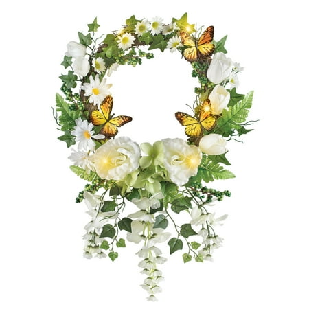 Kohls Wreaths Lighted White Garden and Butterfly Wreath with Hanging Wisteria and Ivy - Spring Home Décor ()