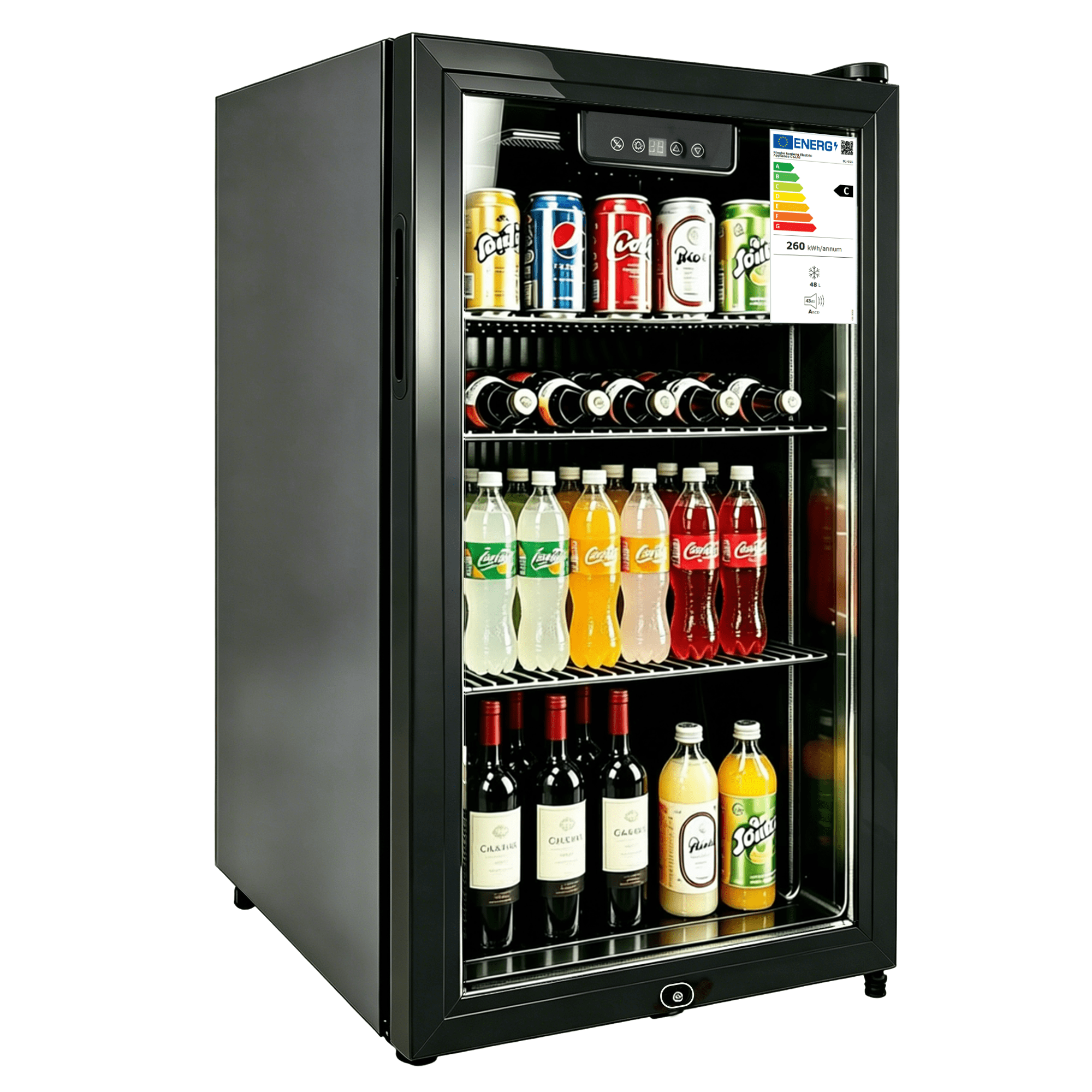 E-Yards 1.7 Cu.ft Beverage Refrigerator Cooler, 68 Can Mini Fridge Glass Door with Adjustable Shelves, Digital Temperature Display, Freestanding Small Drink Fridge for Home, Office or Bar(Black)