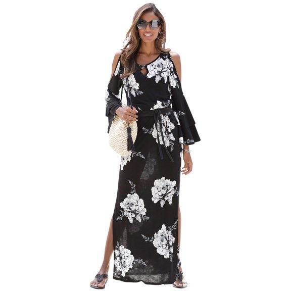 LASCANA Women's Print Cold Shoulder Maxi Dress Flower