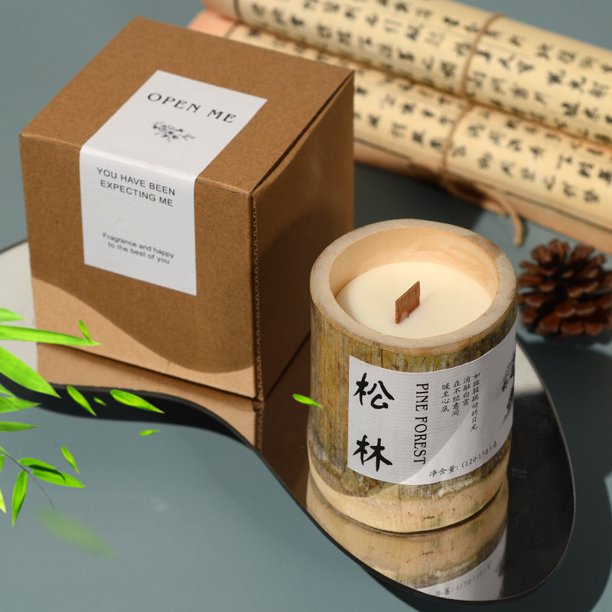 Xiao Hua 1 vela de aromaterapia de bambú con recuerdo, gran vela perfumada con aroma a bosque de pino para el hogar, dormitorio, fragancia duradera, adorno decorativo de 3,15 x 3,82 pulgadas