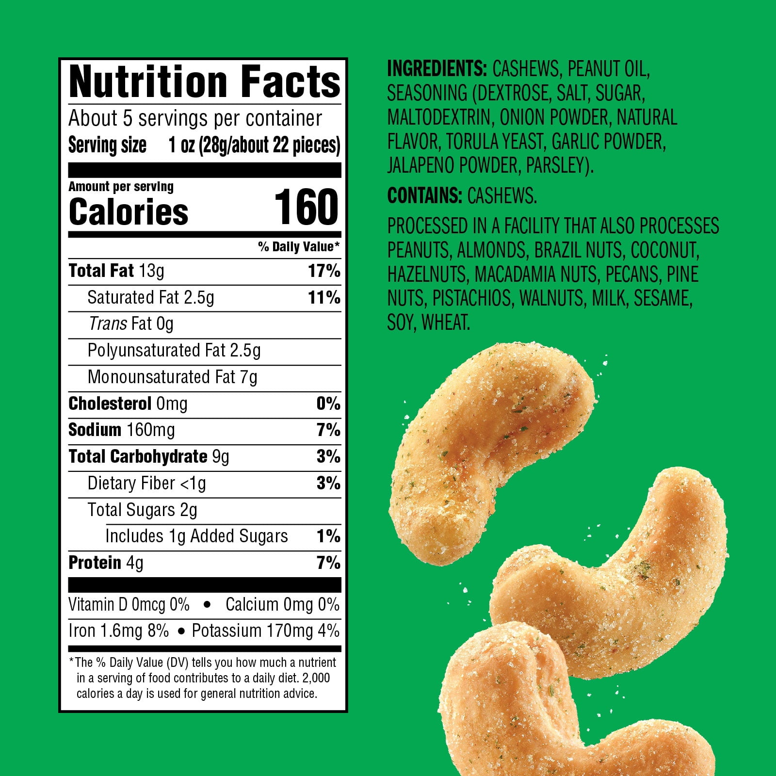 Emerald Nuts Jalapeno Cashews, 5 oz, Resealable Bag (Pack of 4)