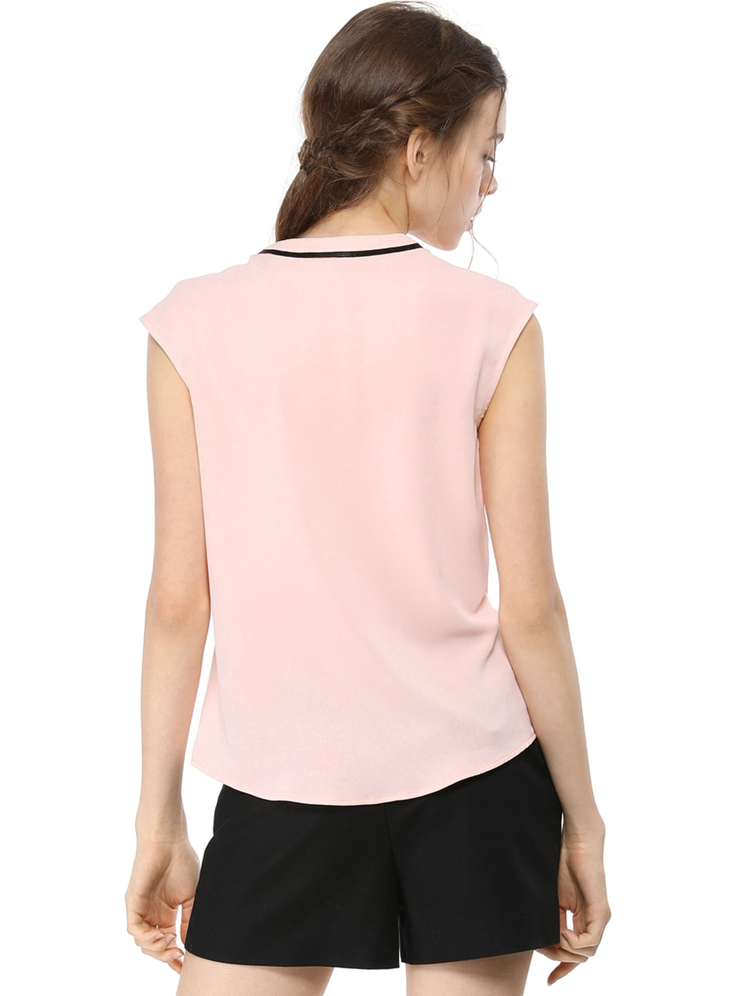 Unique Bargains Women's Summer Tie Neck Sleeveless Ruffle Chiffon Shirt M Pink