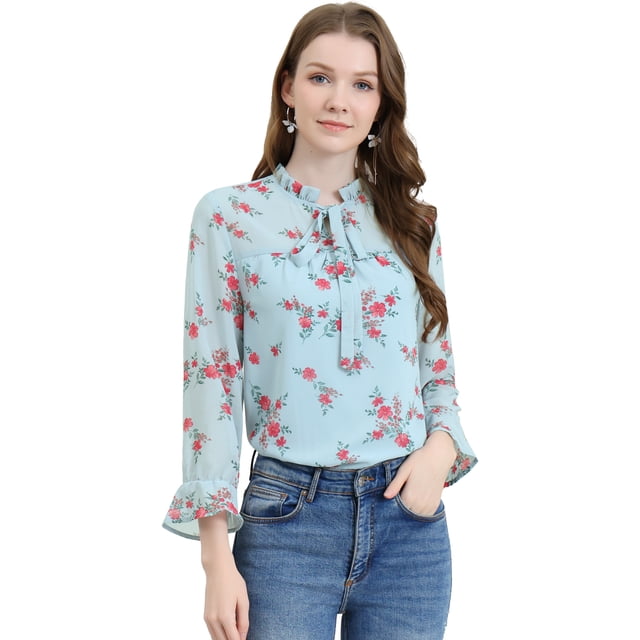 INSPIRE CHIC Haut de Loisirs à Manches Longues pour Femmes avec Col à Nouer, Col à Volants et Imprimé Floral