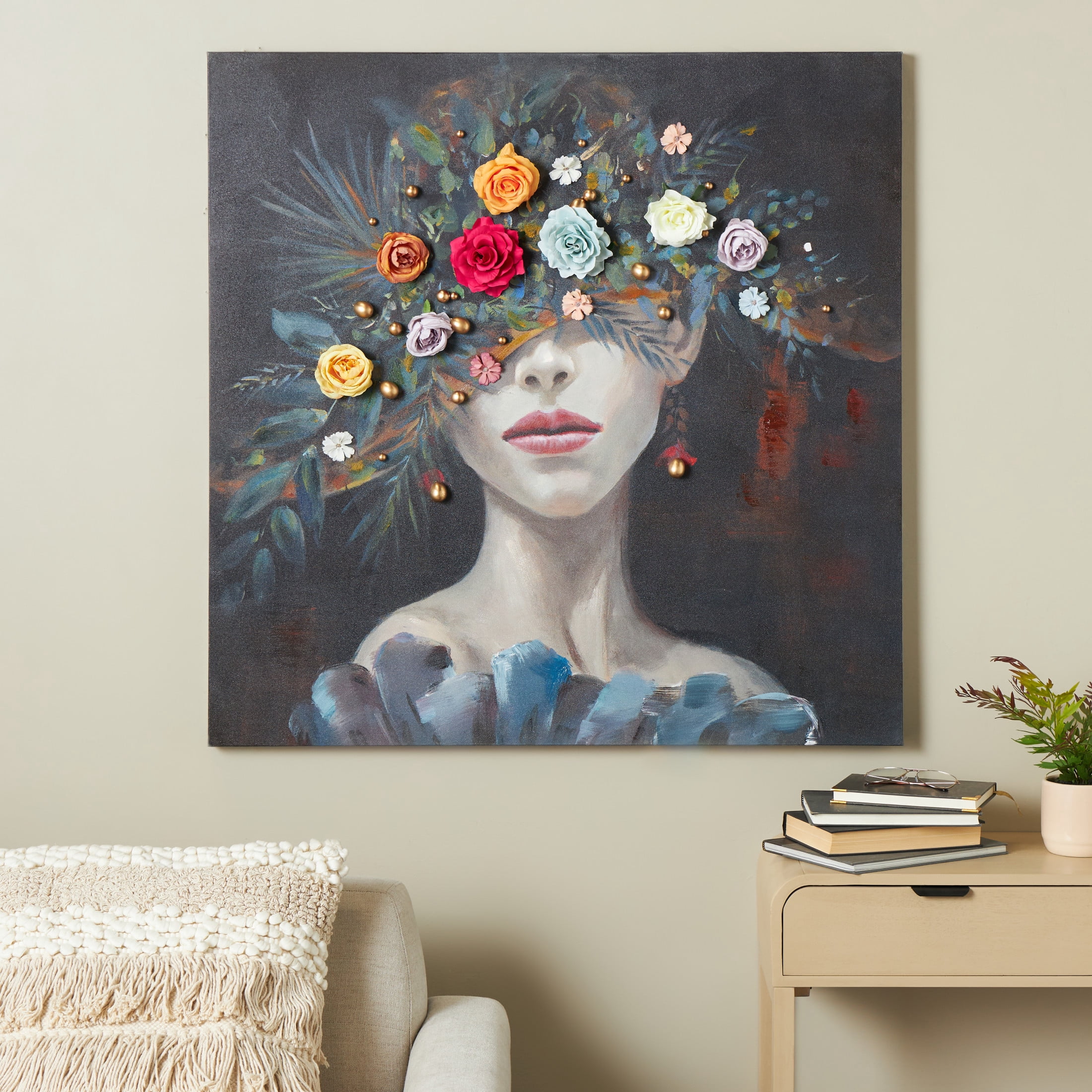 40" x 40" Unframed Woman Wall Art with 3D Multicolor Flowers and Gold Jewels, by DecMode
