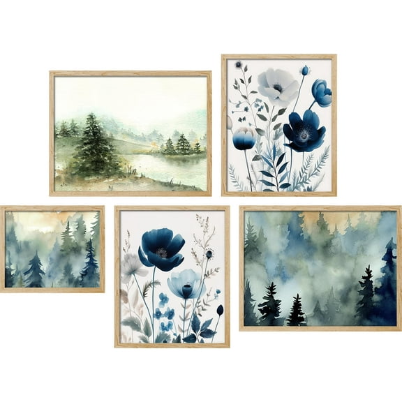 PixonSign Framed Canvas Print Wall Art Set - Watercolor Pine Tree Forest Illustrations Posters - Gallery Set of 5 Blue & White Wildflowers Prints Nature Modern Wall Décor for Home - Natural