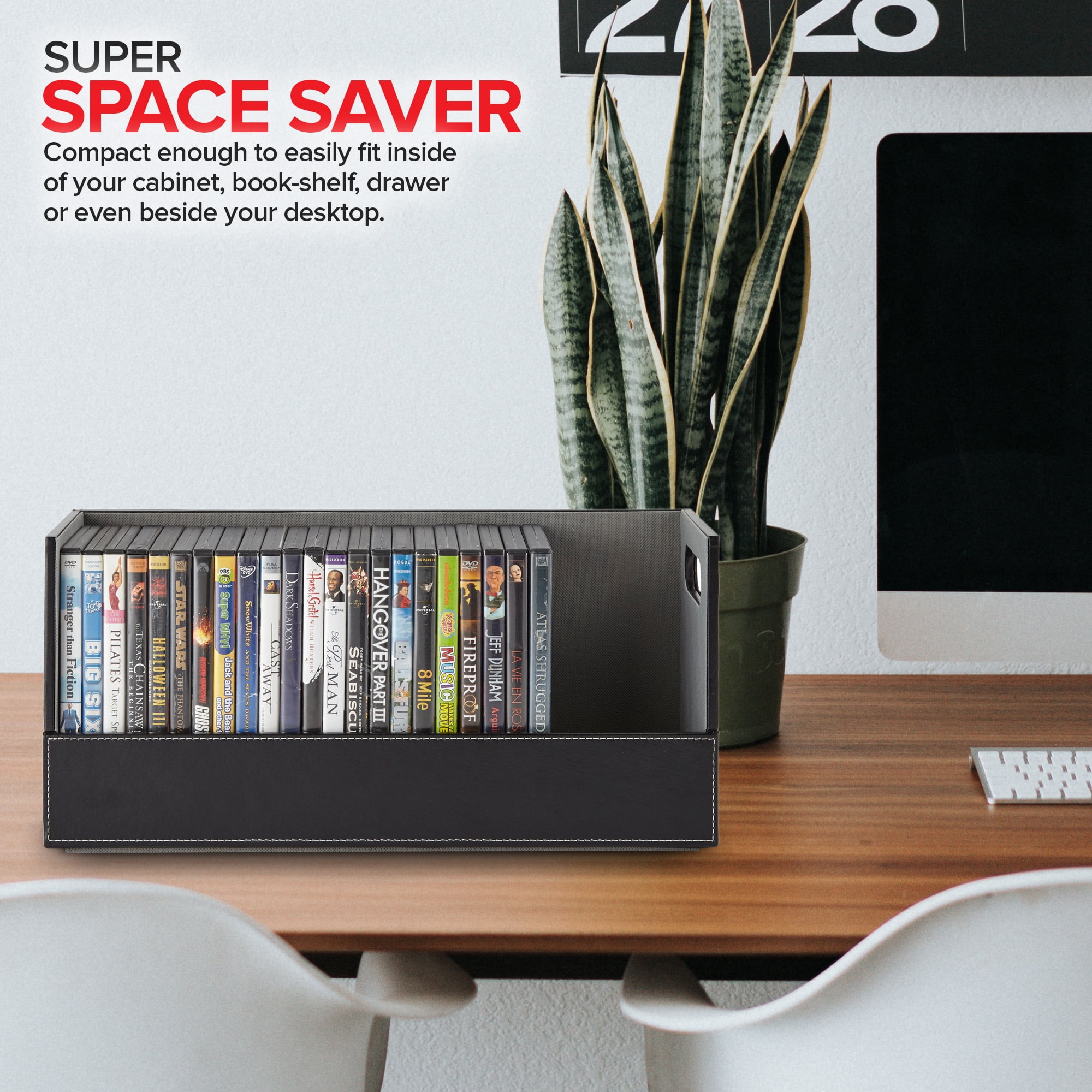 Stock Your Home DVD Storage Box, Movie Shelf Organizer for Blu-Ray, Video Game Cases, CDs, VHS Tape Display Stand, Disc Holder Can Store Up to 28 DVDs, Faux Leather (Black)