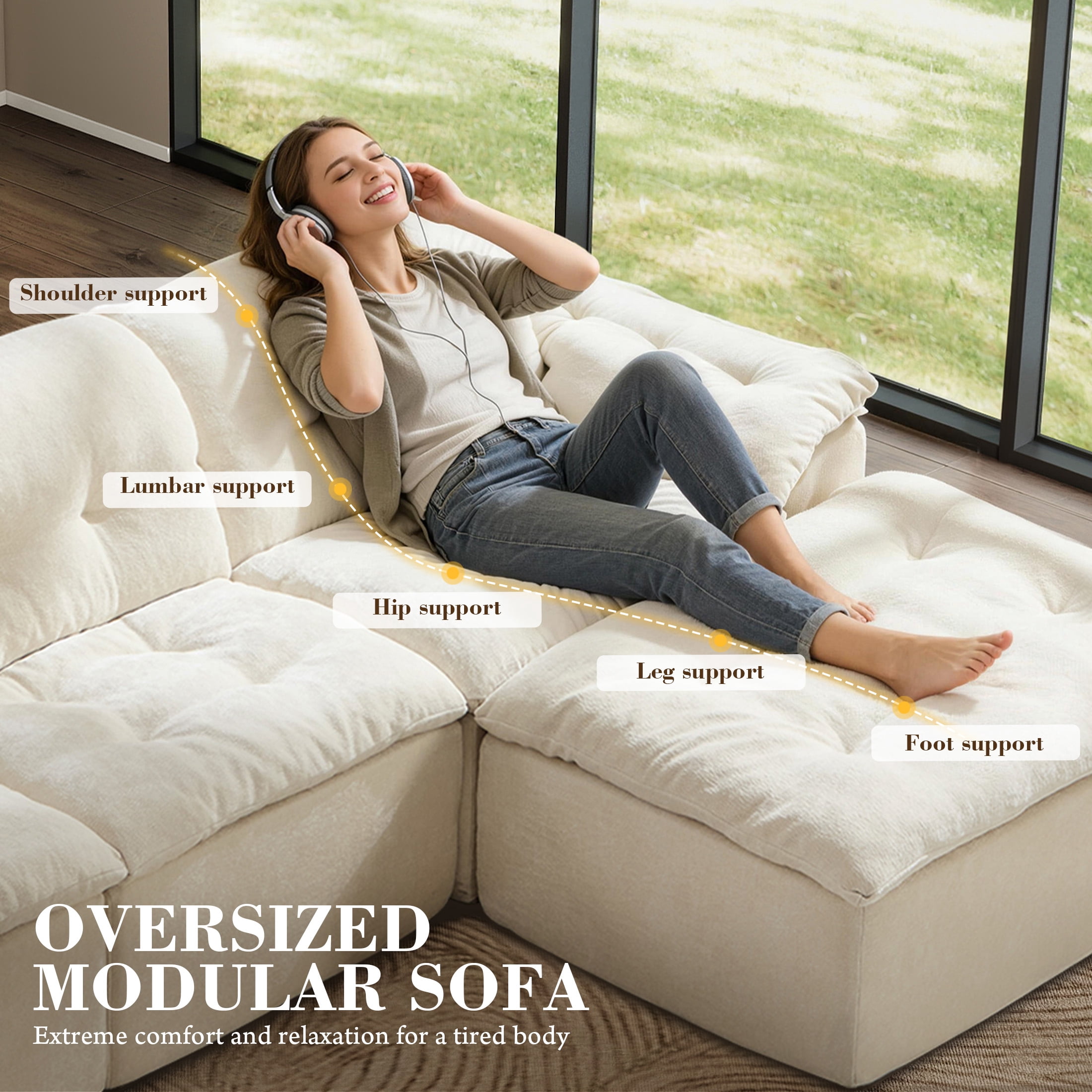 Aukfa 4-Piece L-Shaped Modular Sectional Sofa with Ottoman for Living Room, Ice Flower Chenille, White