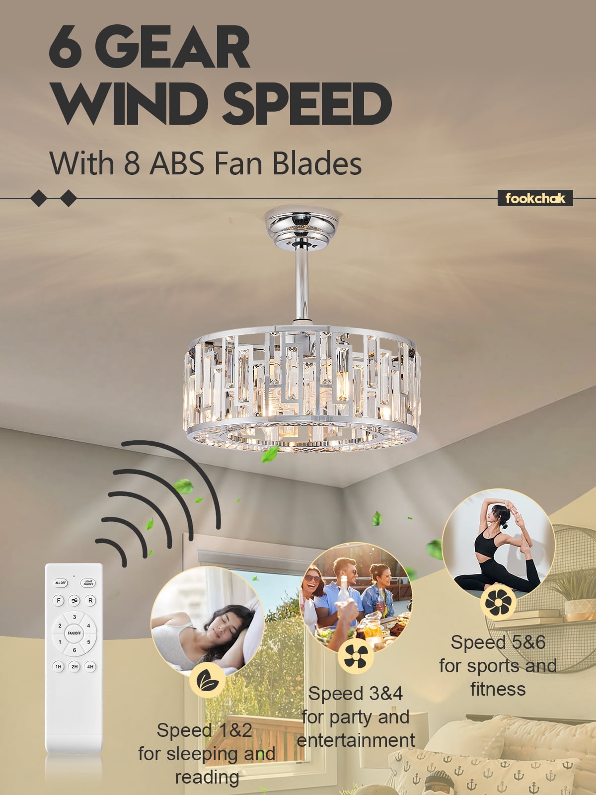 Modern Chrome Caged Ceiling Fan with Light for Bedroom Crystal Ceiling Light Fixture with Fan Bladeless Ceiling Fan Light for Kitchen Hallway Dining Room