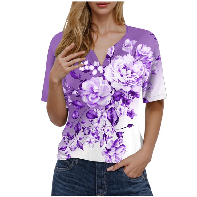 Blusas de Manga Corta para Mujeres Impresas Cuello Redondo Casual, Top de Algodón de Imitación para el Hogar Y el Uso Diario
