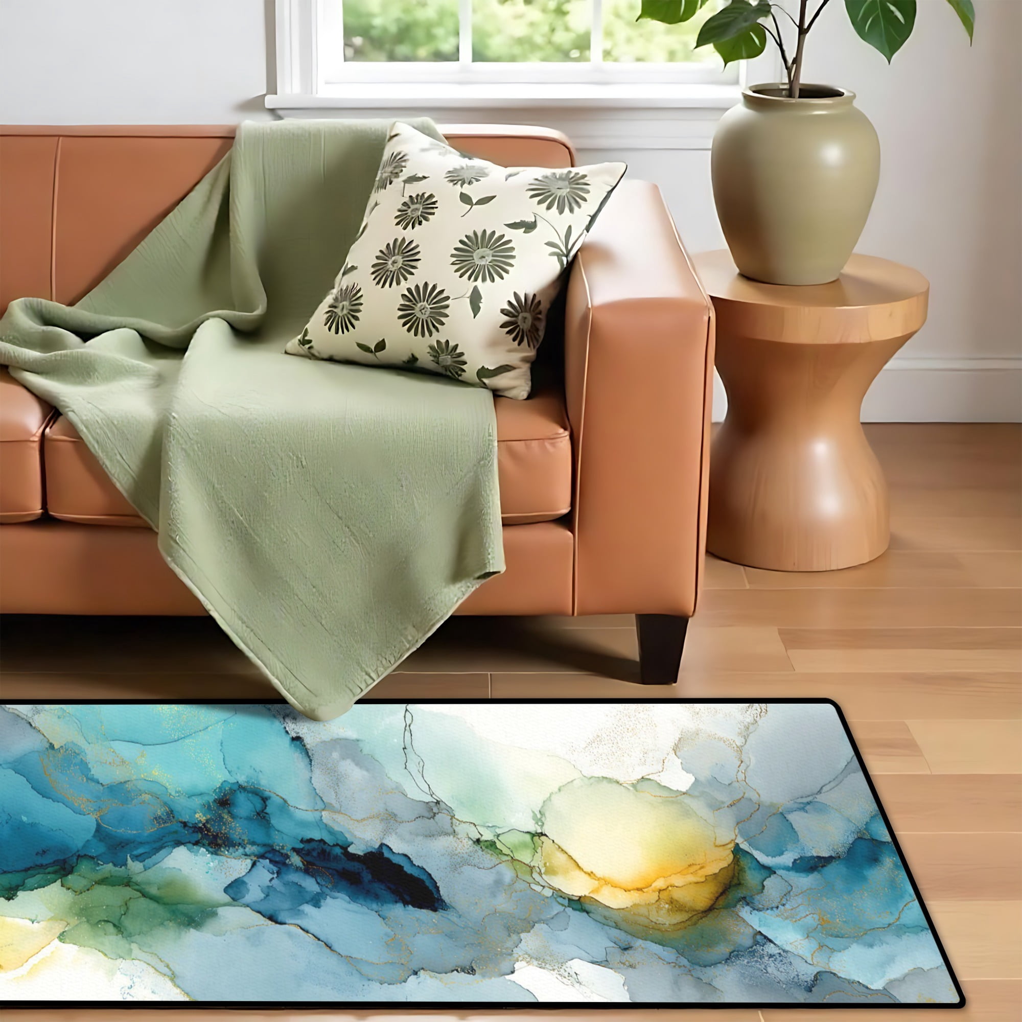 Teal Yellow Gold Ink Wash Hallway Runner Rug, 60x18 Inches Abstract Watercolor Long Floor Mat, Non-Slip Washable Modern Art Rug for Entryway Kitchen