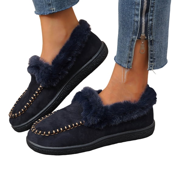 Loafers for Women Plush Warm Winter Casual Flat Shoes Suede Round Toe Comfortable Thick Soft Sole Walking Shoes Navy Size 9