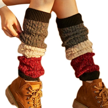 

Sorrowso Women Twist Cable Knit Leg Warmers Colorblock Boot Cover Thermal Over Knee Socks