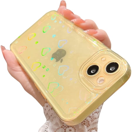 Compatible for iPhone 13 Clear Case Cute Glitter Heart Rainbow Laser Holographic Bling Pattern Case for Women Girls Soft TPU Shockproof Camera Protective - Yellow
