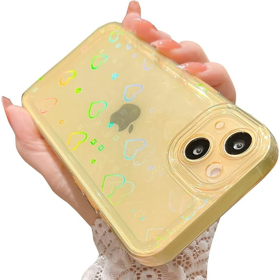Compatible for iPhone 13 Clear Case, Cute Glitter Heart Rainbow Laser Holographic Bling Pattern Case for Women Girls Soft TPU Shockproof Camera Protective - Yellow