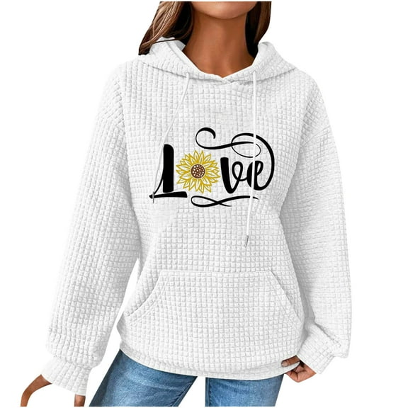 Hoodies for Women Graphic Heart Print Cute Long Sleeve Waffle Drawstring Pullover Spring Fall Sweatshirts with Pockets(White,XL)