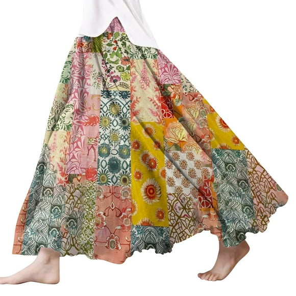SNOWSONG Fall Skirts for Women 2024 Clearance! Women's Fashion Linen Scalloped Hem Floral Printed Half-Length Skirt, Midi Skirts, Boho Skirts, Floral Skirt 1PC half skirt Red XL