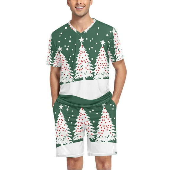 joogoo Men's Pajama Set Christmas-1 Tree V-Neck Pj Shorts Set 2 Piece Loungewear Sleepwear L