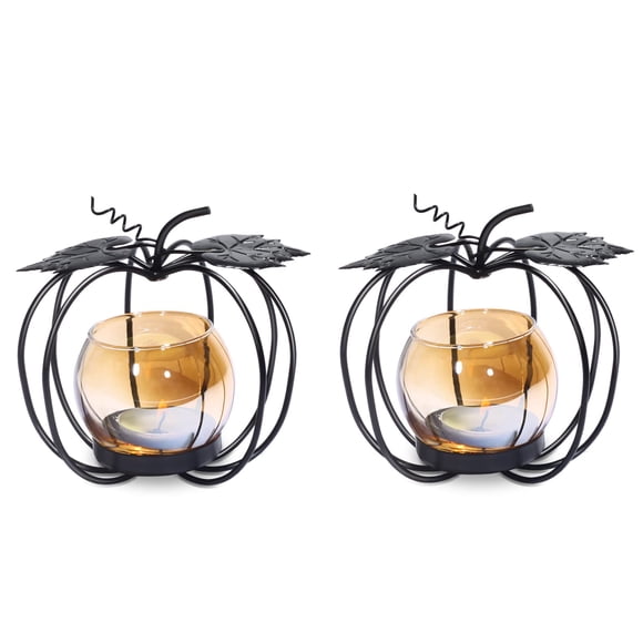 Set de 2 portavelas SUJUN con forma de calabaza en forma de copa, color negro, hierro