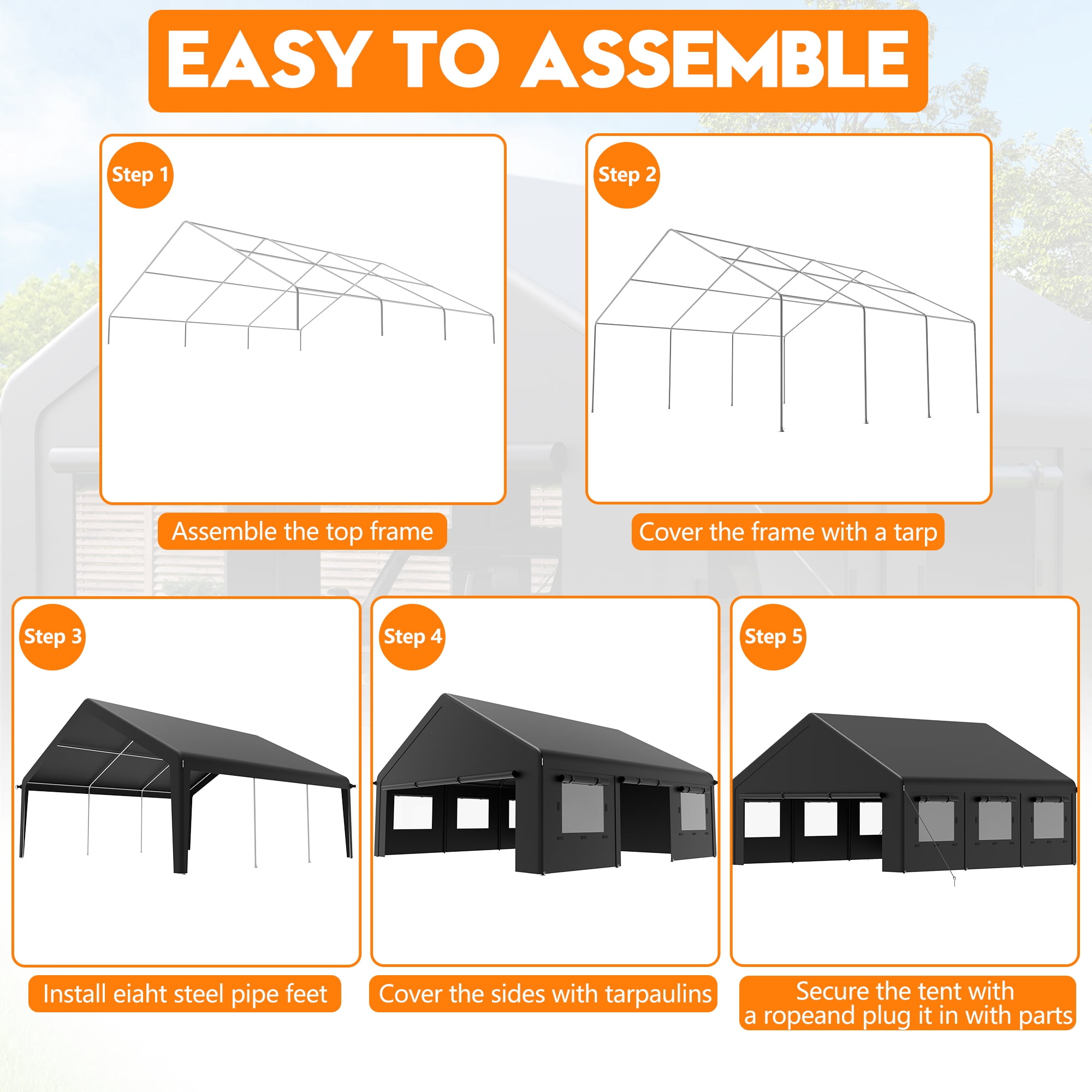 EASYHAWK 20'x20' Heavy Duty Outdoor Garage Carport Canopy with Side-Opening Door, Roll-Up Windows and Four-Hole Base, Black