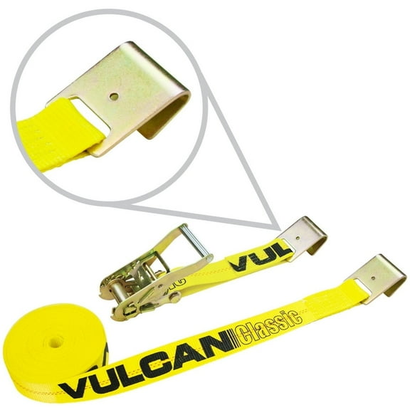 VULCAN Ratchet Strap - Flat Hooks - 2 inch x 20 foot - Classic Yellow - 3300 Lbs SWL