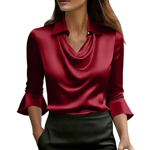JGGSPWM Womens Satin Tops Trendy Fall Cowl Neck Shirts 3/4 Length Sleeve Elegant Clothes Office Business Dressy Casual Outfits Red M