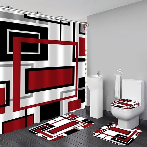 SIRIA 4 Pcs Red Geometric Shower Curtain Sets with Rugs Red Bathroom Sets with Shower Curtain and Rugs Modern Bathroom Curtains Shower Set with Toilet Lid Cover for Bathroom Decor Accessories