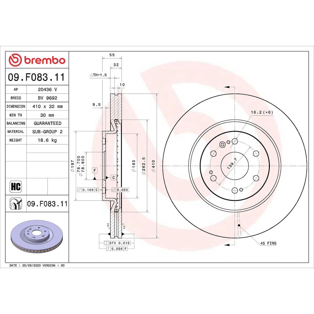 Brembo 09.F083.11; Brake Rotor; Vented; One Piece Design; Wheel Bolt Pattern 6 x 139.7 Millimeter; High Carbon Cast Iron; Single
