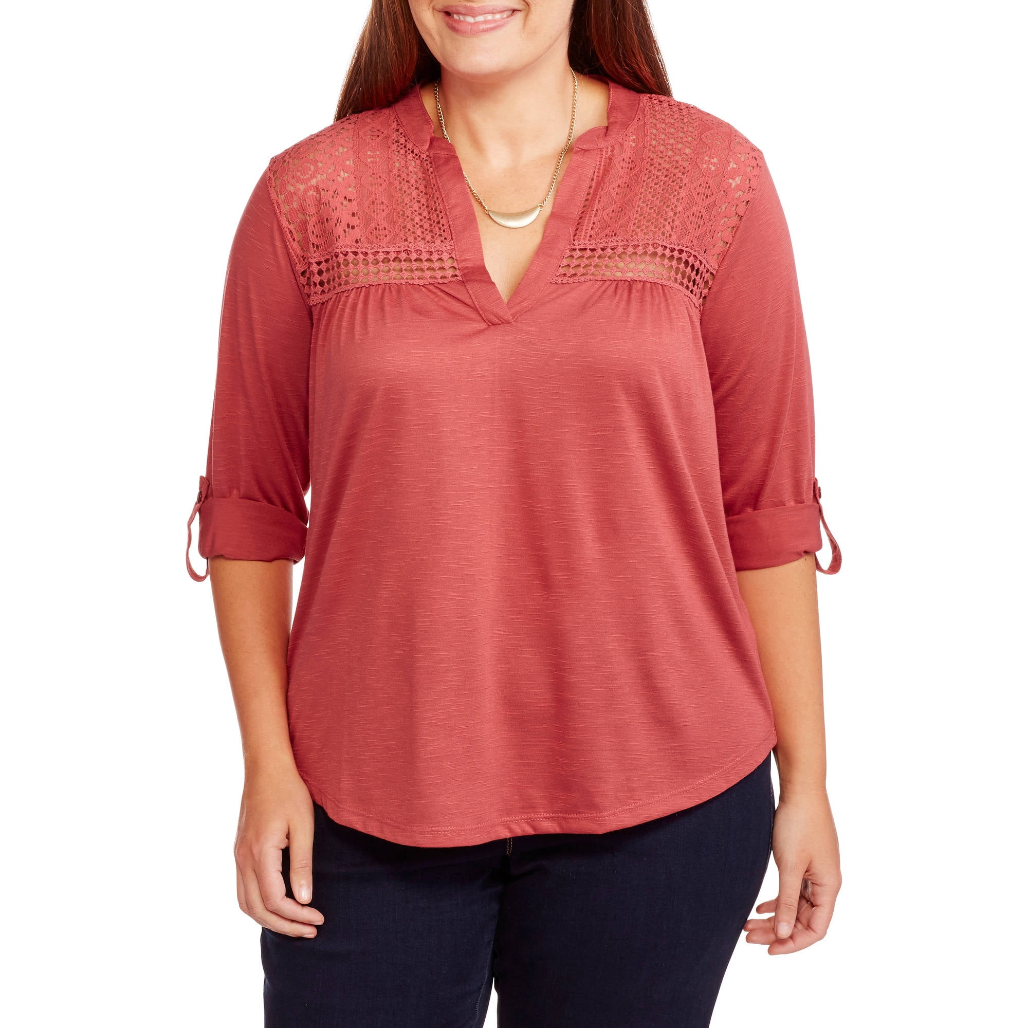 Absolutely Famous - Women's Plus Popover Blouse 3/4 Tab Roll Sleeve ...