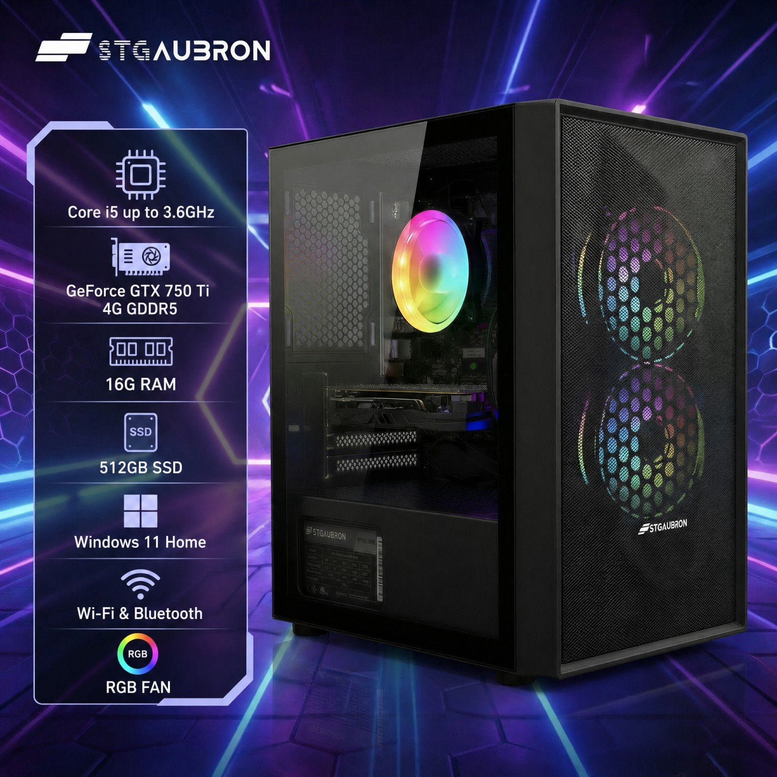 STGAubron Gaming Desktop PC, Core i5 up to 3.6G, 16G RAM, 512GB SSD, GeForce GTX 750 Ti 4G GDDR5, WiFi 6, BT 5.2, RGB Fan x2, Windows 11 Home