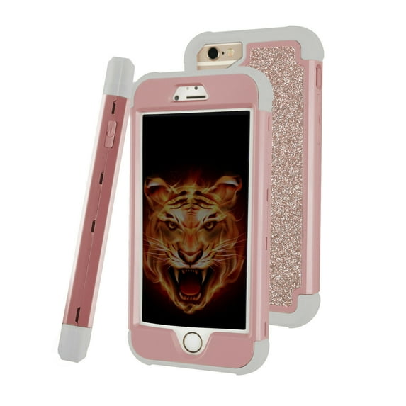 SOATUTO For iPhone SE 2022 Phone Case Heavy Duty Defender Protective Bling Glitter Sparkle Hard Shell Armor Hybrid Silicone Rubber Bumper Cover for iPhone 6 7 8 SE 2020 4.7 inch - Pink+Gray