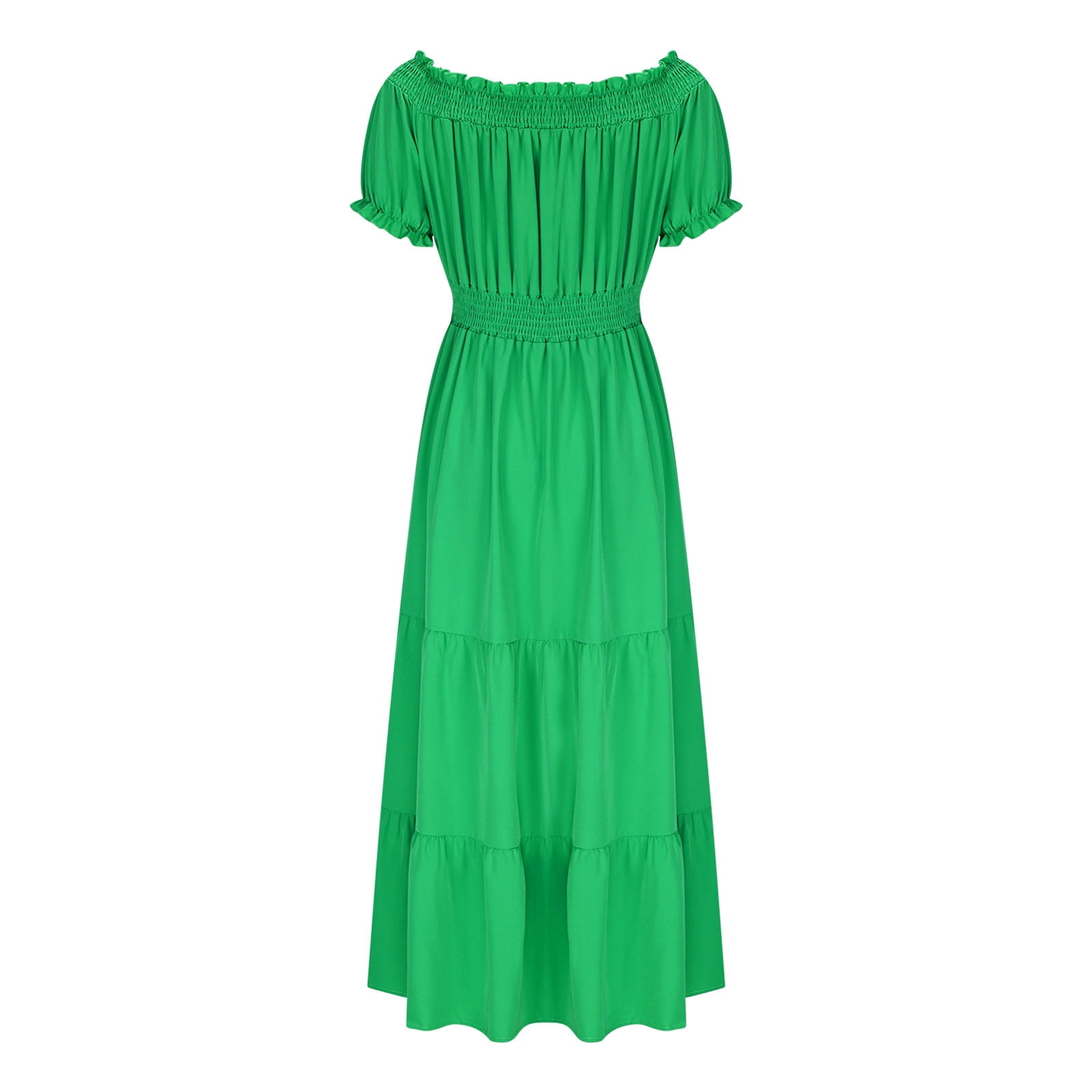 gljltg Ladies Elegant Summer One-shoulder Solid Color Short-sleeved Elastic Waist Women's Dress with Print, Stylish Fashionable for Women, Ladies, Suitable for Casual, Party, Daily, Beach