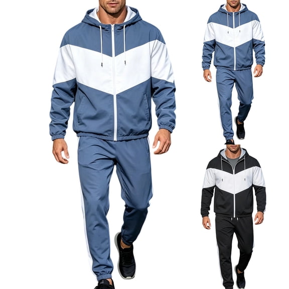Men's Tracksuit, Color Block Track Jackets and Pants 2 Piece Outfit Mens Hoodie Sweatsuit Full-Zip Running Jogger Set Sports Casual Sweat Suits Size 3XL Blue