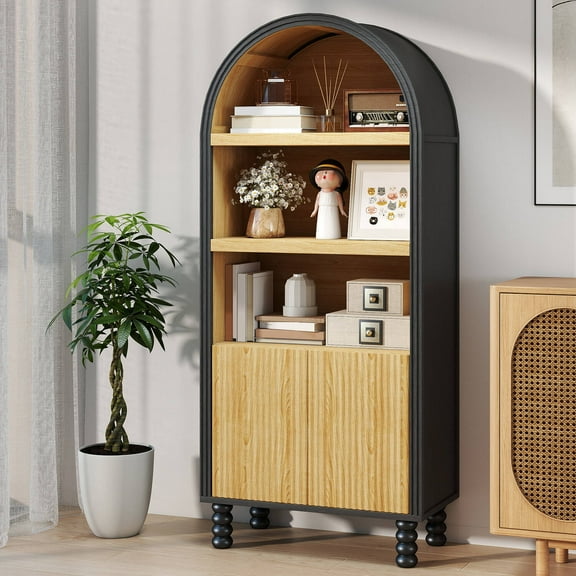 EROMMY 66.7" Tall Arched Cabinet, Kitchen Pantry Cabinet with Fluted Panel Door and Open Shelf