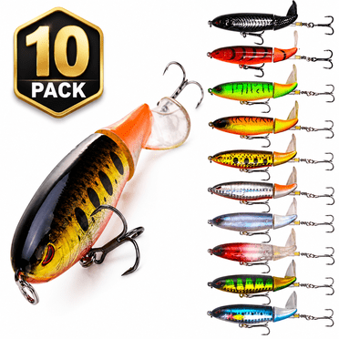 10Pcs Whopper Fishing Lure for Bass Popper Top Water Fishing Lures with Floating Rotating Tail Barb Treble Hooks in Saltwater Freshwater Plopping Lures Kit