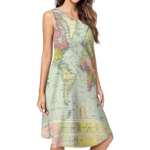 WORLD MAP Print Spring Summer Dresses for Women Fashion T-shirt Dress Casual Sleeveless Loose Sundress with Pockets