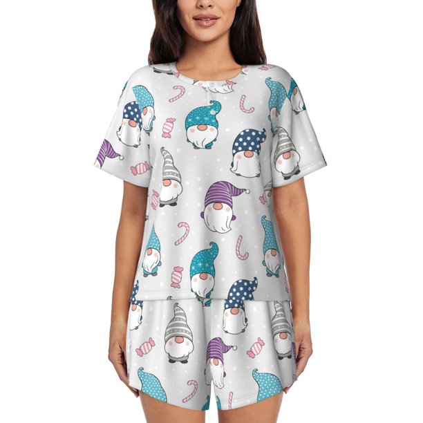 Balery cute winter Gnome Conjunto de Pijama para Mujer con Estampado, Dos Piezas de Manga Corta y Shorts, Ropa de Dormir Suave con Cuello Redondo y Bolsillos-3X-Large
