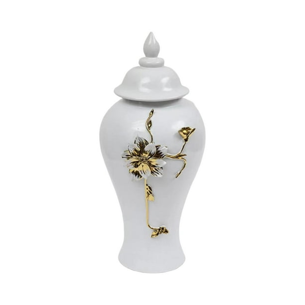 Jarrón de porcelana con tapa, color blanco, de fina artesanía, versátil. 22x46cm