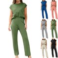 thumbnail image 5 of Women's Plus Size Two Piece Casual Sets Round Neck Cap Sleeve Tops with High Waist Straight Leg Pants Solid Trendy Sets Army Green,5XL, 5 of 5