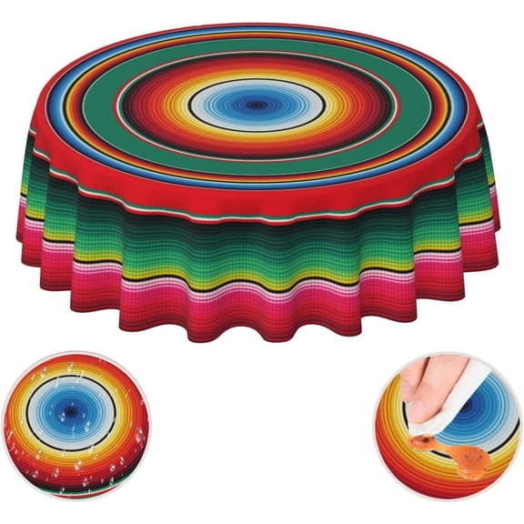 Mexican Blanket Serape Mantel Mexicano Colorful Waterproof Picnic Round Table Cloth Cover Decorations Fabric 60 Inch Circular Tablecloth for 20-47 Inch Home Dining Room Kitchen