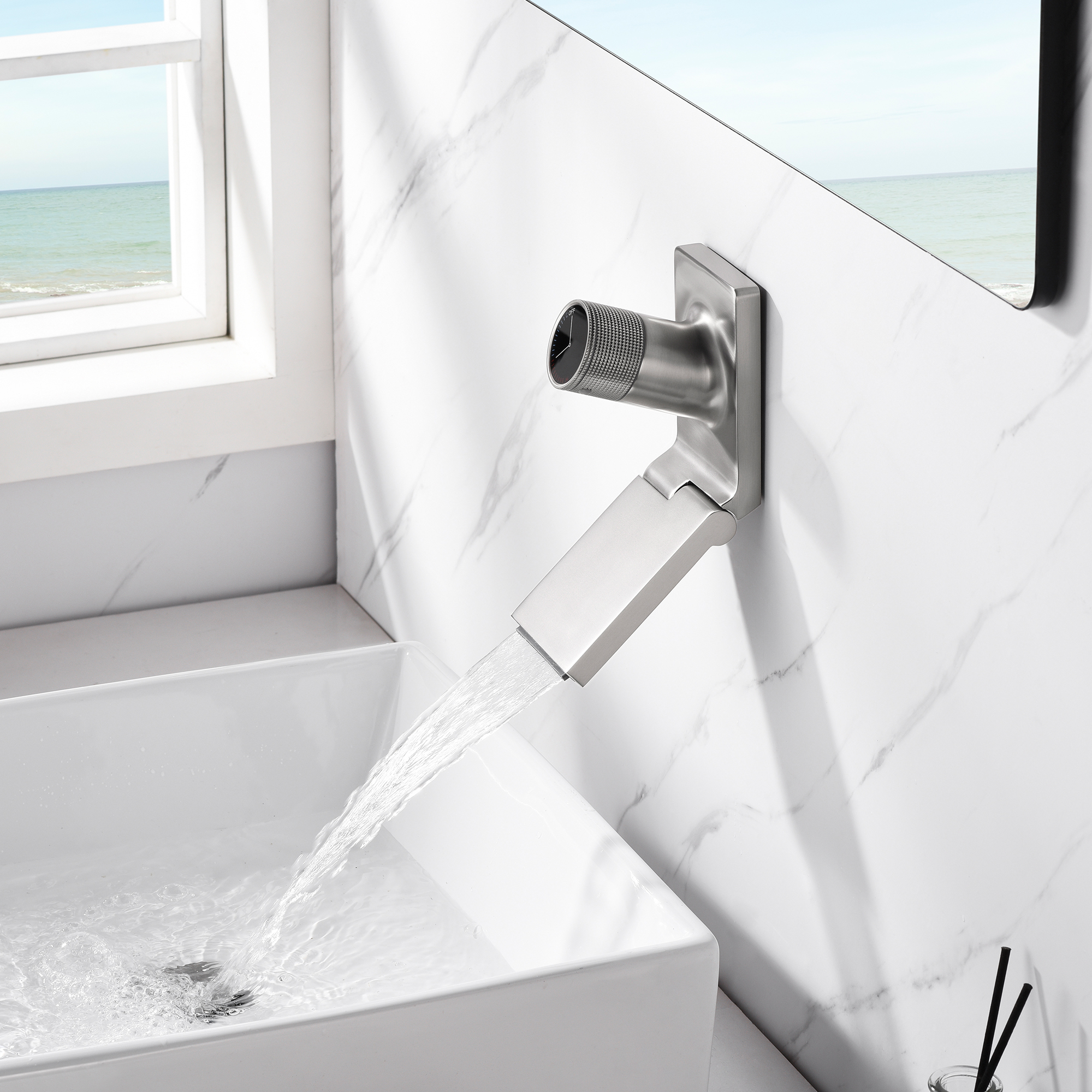 SUMERAIN Wall Mount Waterfall Bathroom Faucet, Bathroom Sink Faucet Modern Vessel Faucet with Foldable Spout,Brushed Nickel