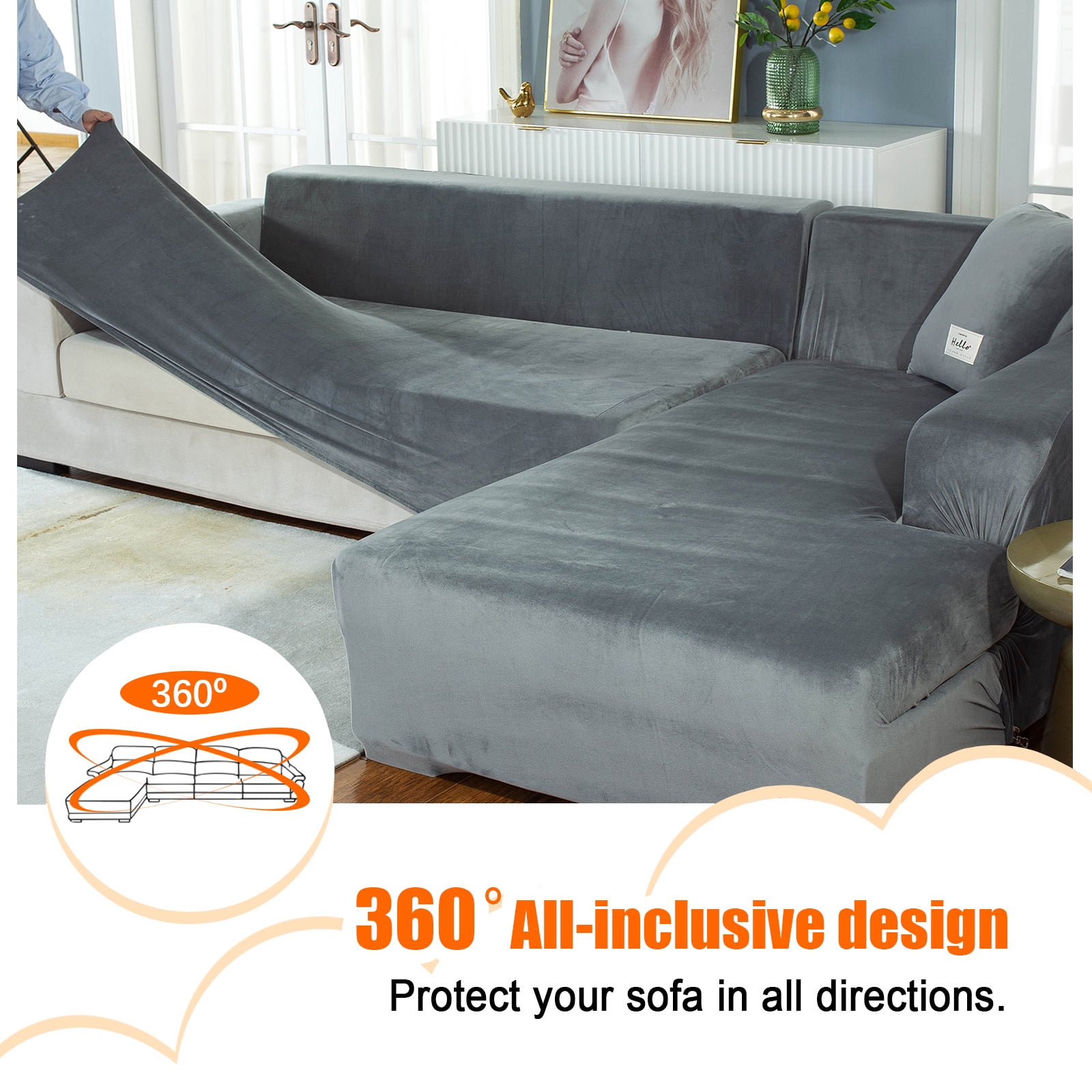 CJC Sectional Couch Covers, Velvet Stretch L Shape Sofa Covers, 2pcs Sofa Slipcovers for 3 + 4 Seaters Sectional Chaise Slipcover for Pets Kids, Grey