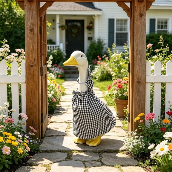 Porch Bird Outfit Checked Dress Set Cottage Style Garden Statue Apparel 23in Yard Bird Decor For Patio Porch Garden Statue Decoration