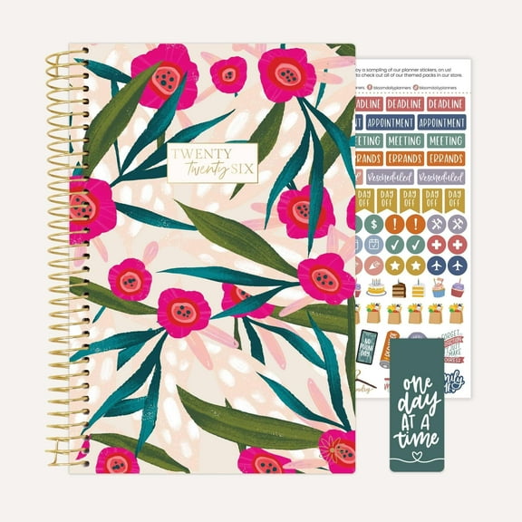 bloom daily planners 2026 Weekly & Monthly Planner, 5.5" x 8.25", Pink Poppies, Soft Cover with Stickers & Bookmark