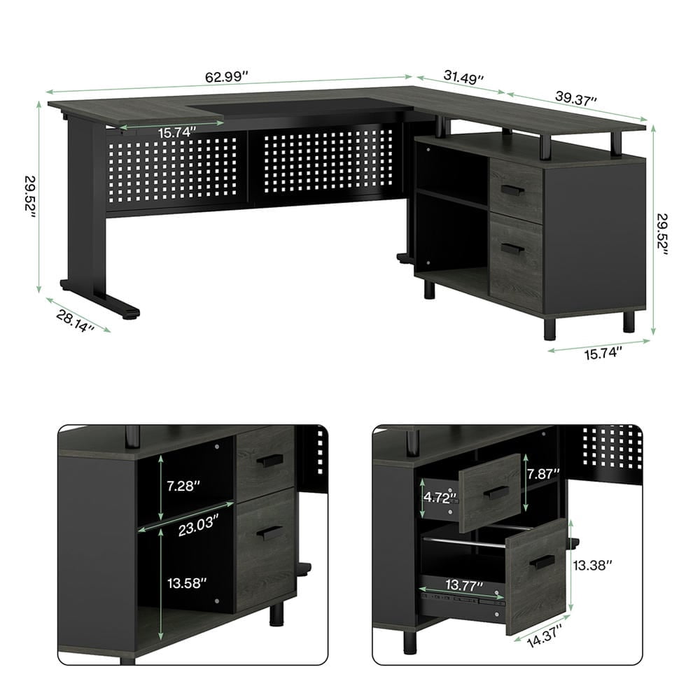 Barara King Home Office Desk, Computer Desk,Industrial L-Shaped Desk, 63" Computer Executive Desk with File Cabinet, Gray & Black