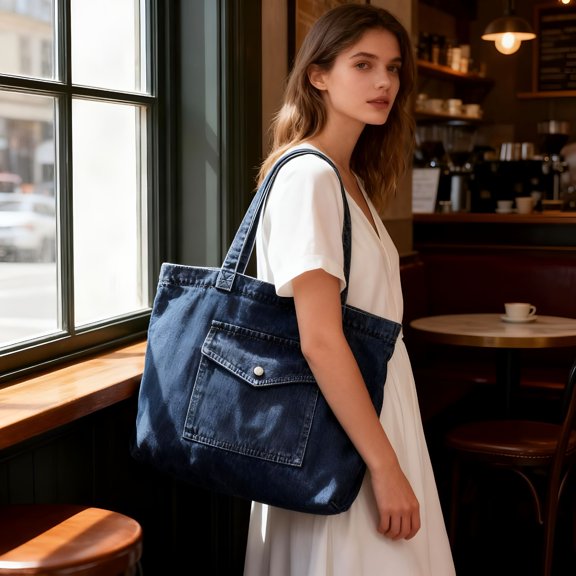 AOMRCOL Denim Tote Bag for Women, Large Vintage Denim Purse Handbag with Zipper