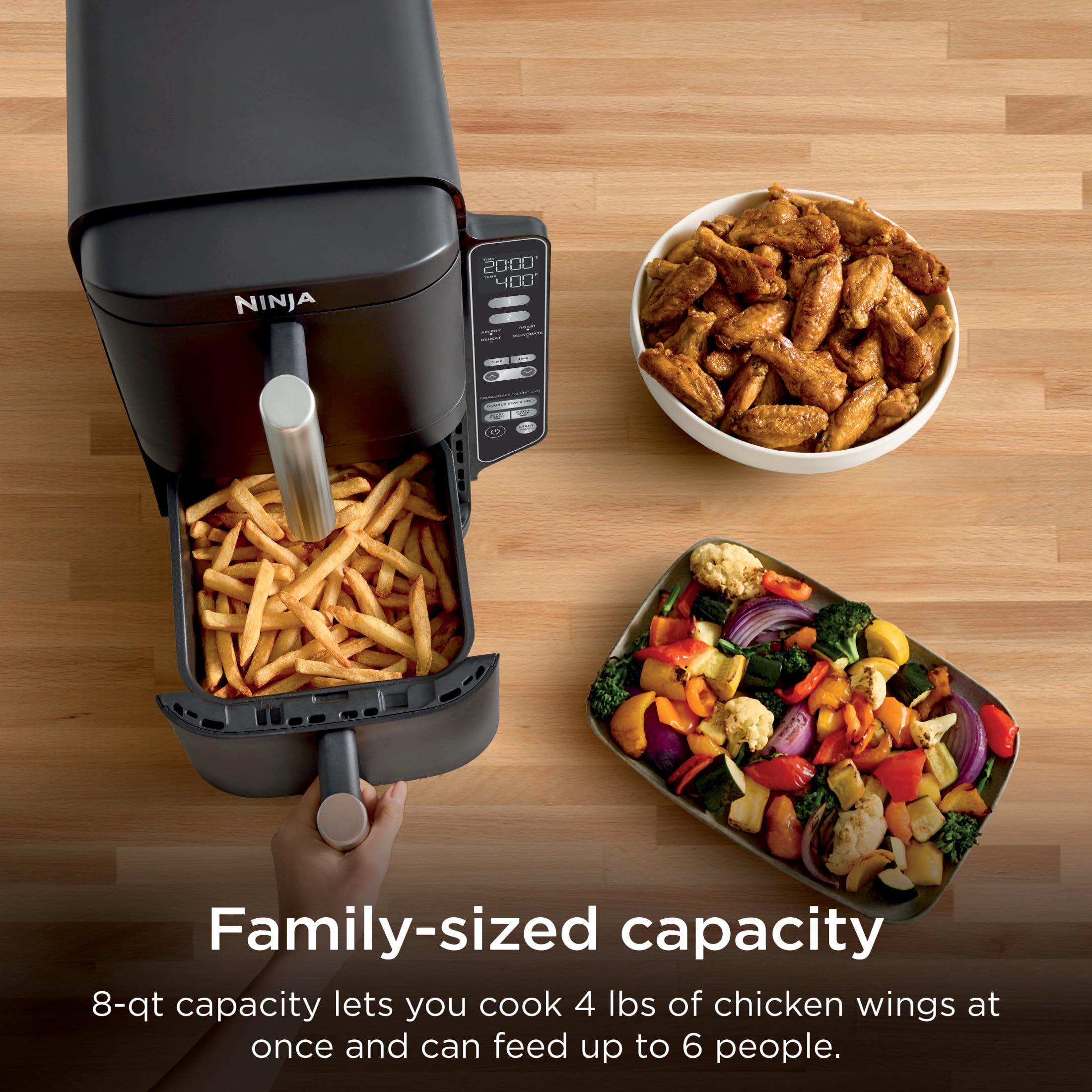 Ninja DoubleStack Air Fryer 8-Qt, 2 Baskets, Cook 4 Foods at Once, Space Saving, 4-in-1, SL200 Black