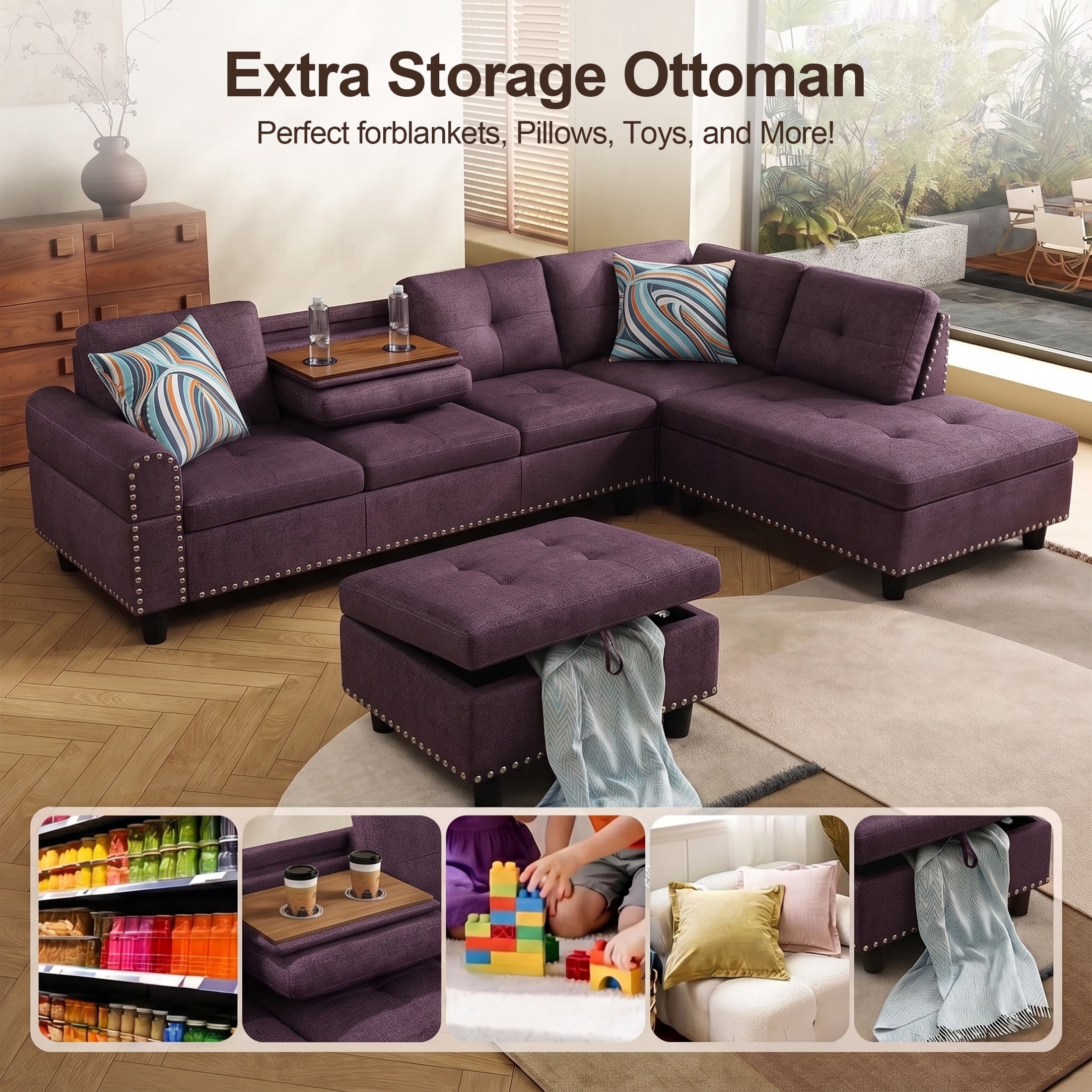 AENKYO 98" L-Shaped Sectional Sofa with Reversible Chaise, Storage Ottoman & Cup Holders, Linen, Purple
