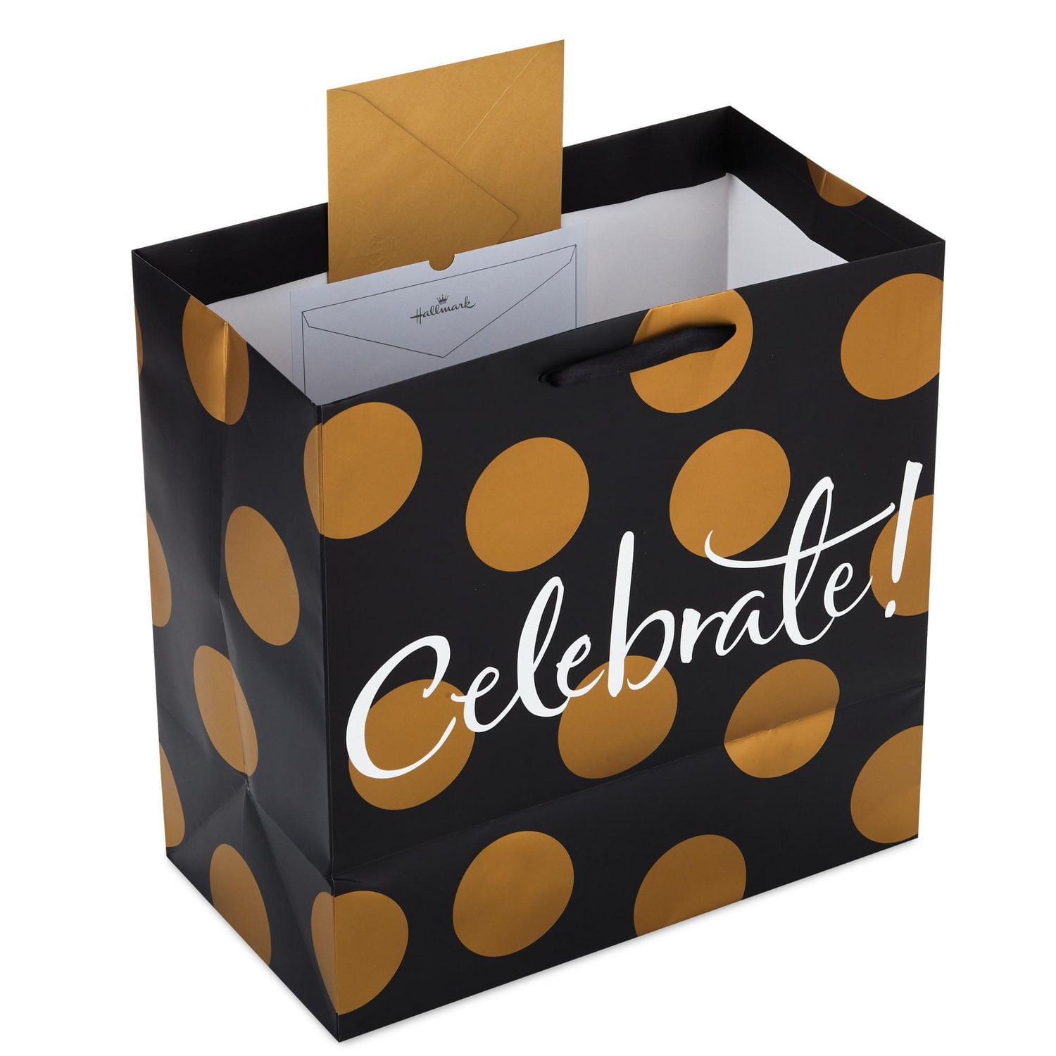 Hallmark 15" Grand Gift Bag (Celebrate Gold Dots on Black) for Birthdays, Bridal Showers, Engagement or Any Occasion