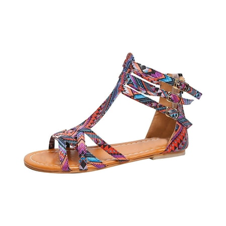 

Jsezml Women s Summer Sandals Western Geometric Print Flat Sandals Buckle Strappy Sandals Zipper Casual Walking Shoes